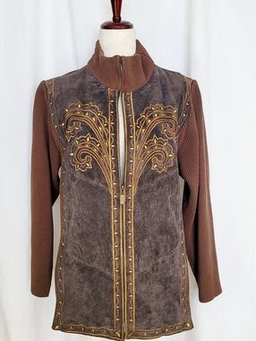 Bob Mackie Wearable Art Leather Suede Full Zip Long Sleeve Sweater Jacket Sz 1X